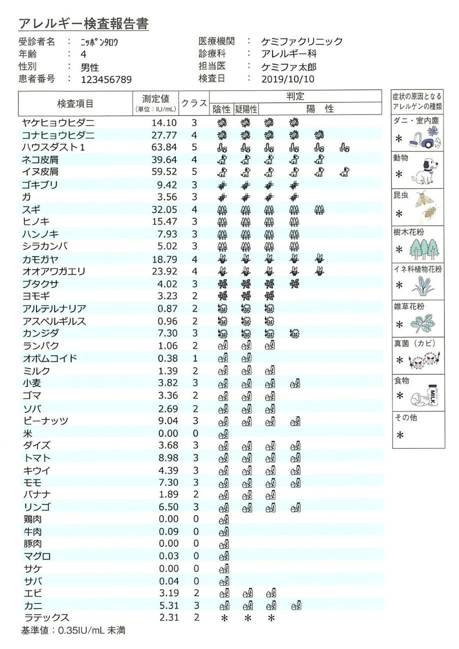 アレルギー検査報告書